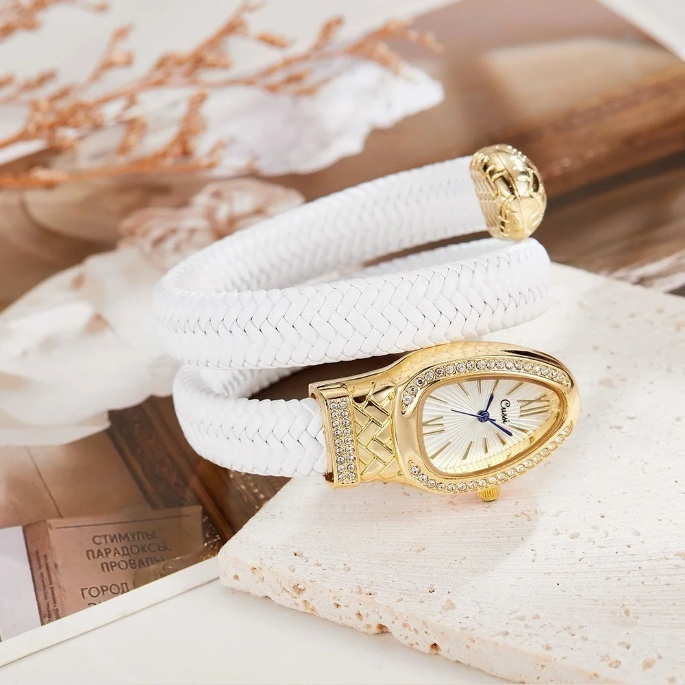 Serpenti Style Wrap Watch – White Faux Leather | Gold Tone | White Dial